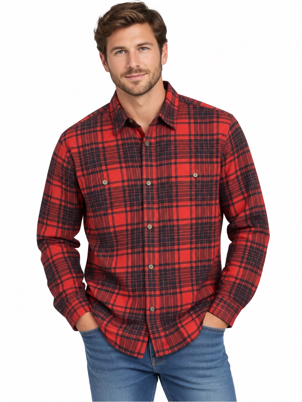 RedHead Red and Black Plaid Long-Sleeve Button-Down Shirt